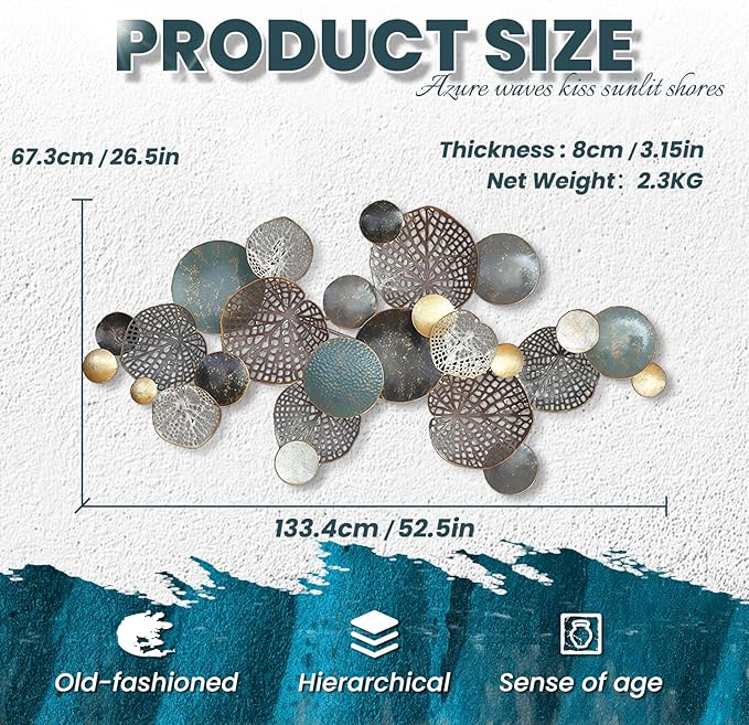 ZZYYZZ Large Metal Wall Decor, Boho Lotus Leaf Metal Wall Decoration, 3D Stacked Flower Wall Art Décor, Nautical Coastal Outdoor Wall Decor, for Living Room Bedroom Dining Room, 52.5" x 26.5"