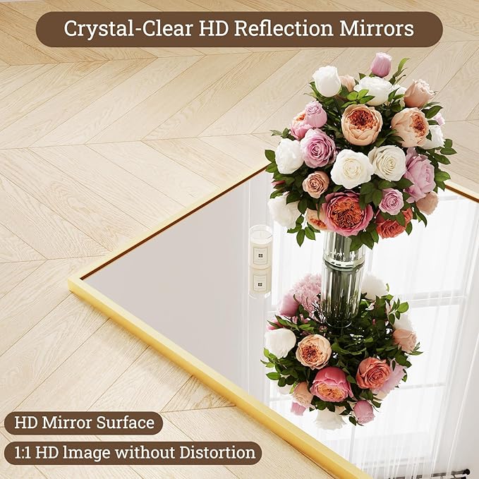 Gold Mirror Full Length, 65"x24" Floor Mirror with Stand, Full Body Mirrors for Bedroom, Hanging Mounted for Living Room Cloakroom, Shatterproof Tempered Glass Floor Mirror