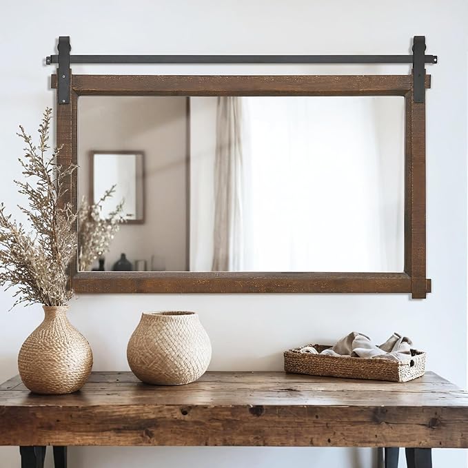 Besdomus Large Bathroom Rustic Mirror: 42"x28" Brown Barn Door Farmhouse Solid Cedar Wood Frame - Wall Decorative Mirror for Bedroom/Entryway/Bathroom - Modern Rustic Decor for Fashion-Conscious