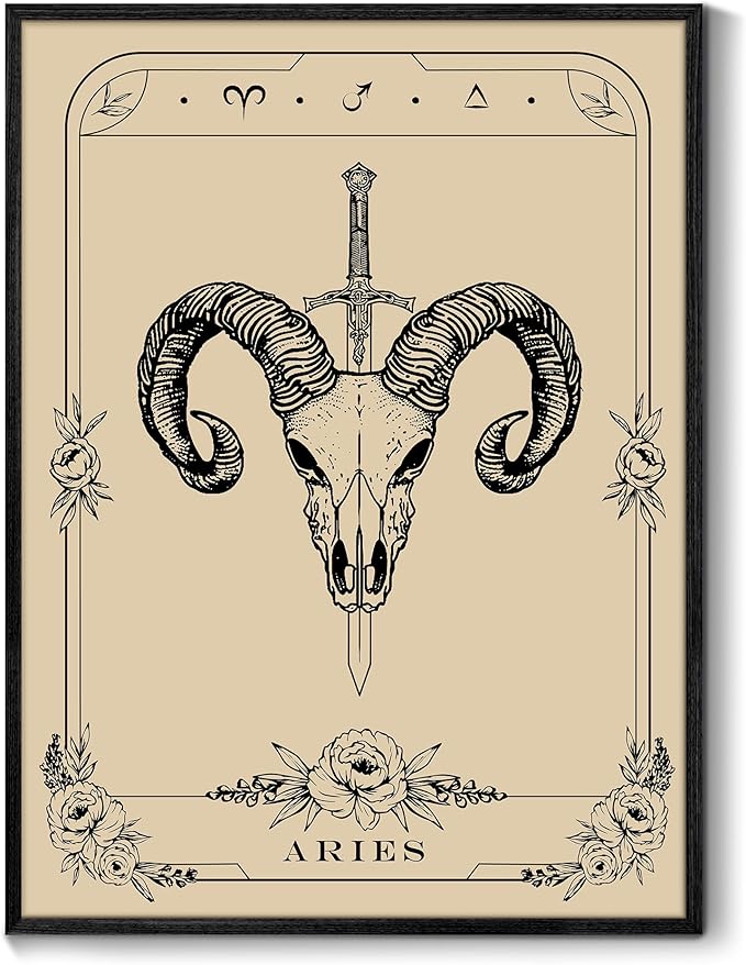 SERIMINO Witchy Framed Wall Art, Aries Tarot Canvas Prints Paintings, Horoscope Dark Academia Home Decor Aesthetic, 16x24inch Gothic Wall Decor for Room