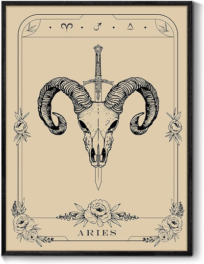 SERIMINO Witchy Framed Wall Art, Aries Tarot Canvas Prints Paintings, Horoscope Dark Academia Home Decor Aesthetic, 16x24inch Gothic Wall Decor for Room