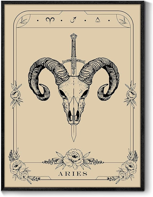 SERIMINO Witchy Framed Wall Art, Aries Tarot Canvas Prints Paintings, Horoscope Dark Academia Home Decor Aesthetic, 16x24inch Gothic Wall Decor for Room