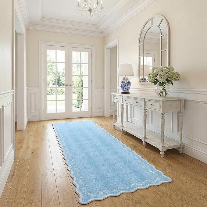 GarveeHome 2x6 Scalloped Washable Runner Rug for Kitchen, Soft Blue Hallway Runner Non Slip Entryway Rug Farmhouse Thin Laundry Mat Stain Resistant Carpet for Bedroom Bathroom Beside Rug