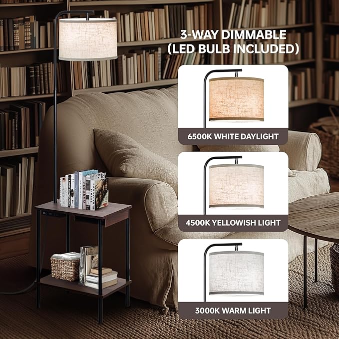 EOEYYOYB Floor Lamp with Table & Drawers, End Table Lamp with USB Charging Portt Power Outlet and Shelves, Side Table Reading Light with 3 Color Temperature Led Bulb Included for Living Room, Walnut