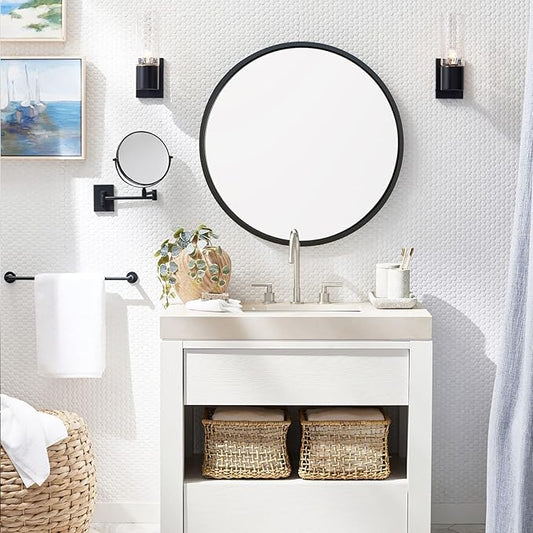 G-LEAF Black Round Mirror 24 inch, Circle Mirror for Bathroom, Entryway, Vanity, Living Room, Round Bathroom Mirror for Wall