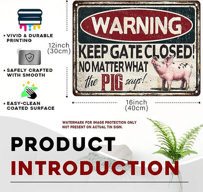 Pig Says Warning Vintage Sign Funny No Trespassing Metal Sign Farmhouse Decoration and Pig Farm Warning Signage for Poultry Owners 12x16inch