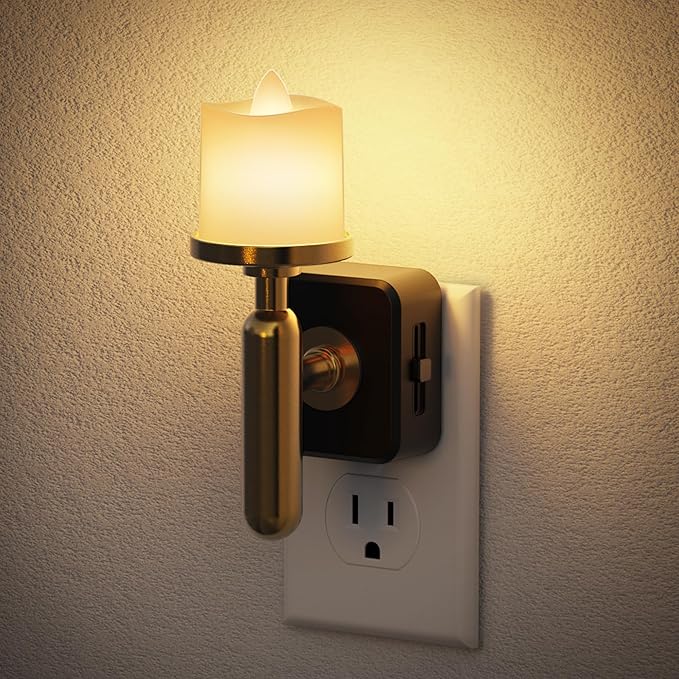JandCase Candle Night Light, Night Lights Plug into Wall, 3000K Soft White, 0-100LM Adjustable Brightness, Dusk to Dawn Sensor NIghtlight for Dinning Room, Living Room, Bathroom, Hallway