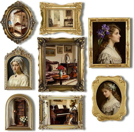 8 Pcs Picture Gold Vintage Gallery Wall Frame Set Antique Resin Picture Frame Collage Including 8x10, 5x7, 4x6 Baroque Victorian for Wall Tabletop Display Ornate French Country for Bedroom Living Room