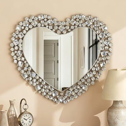 SHYFOY Decorative Heart Wall Mirror, 27.6x30.7 Crystal Round Mirror for Wall Decor, Jeweled Framless Wall Mirrors Modern Accent Silver Wall Decor for Bedroom Livingroom Hallway