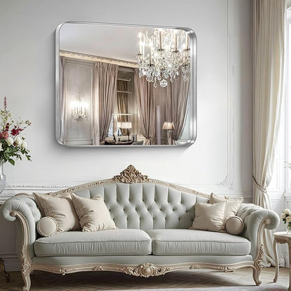 CIRCUMI Silver Bathroom Mirror, 40"x48" Rectangular Mirror with Deep Metal Frame, Rounded Corner, Tempered Glass, Large Mirror for Wall, Over 2 Sinks, Installed Vertically/Horizontally, Crystal-Clear