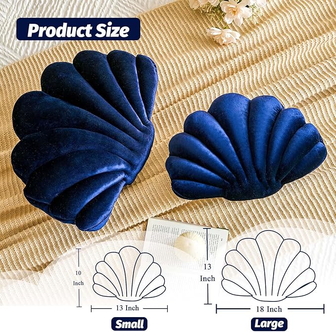 Lfsaaj Navy Blue Seashell Throw Pillows, Shell Shaped Throw Pillows, 13 Inch Soft Velvet Home Decorative Pillow Plush Cushion for Bed Couch Living Sofa Room Decor Accent Throw Pillow
