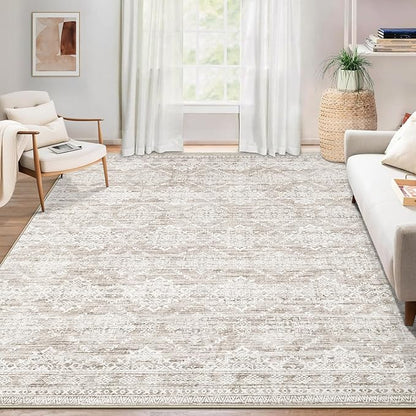 Area Rug 4x6 Geometric Rug: Washable Boho Moroccan Rugs Soft Farmhouse Rug, Modern Neutral Stain Resistant Indoor Floor Carpet for Livingroom Bedroom Dining Table Nursery(Ivory Mocha,4'x6')
