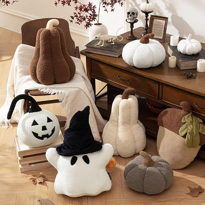 Phantoscope Teddy Plush Pumpkin Pillow, Halloween Super Soft Snowflake Fabric Decorative Cute 3D Shaped Cushion, White, 6 x 12 inches