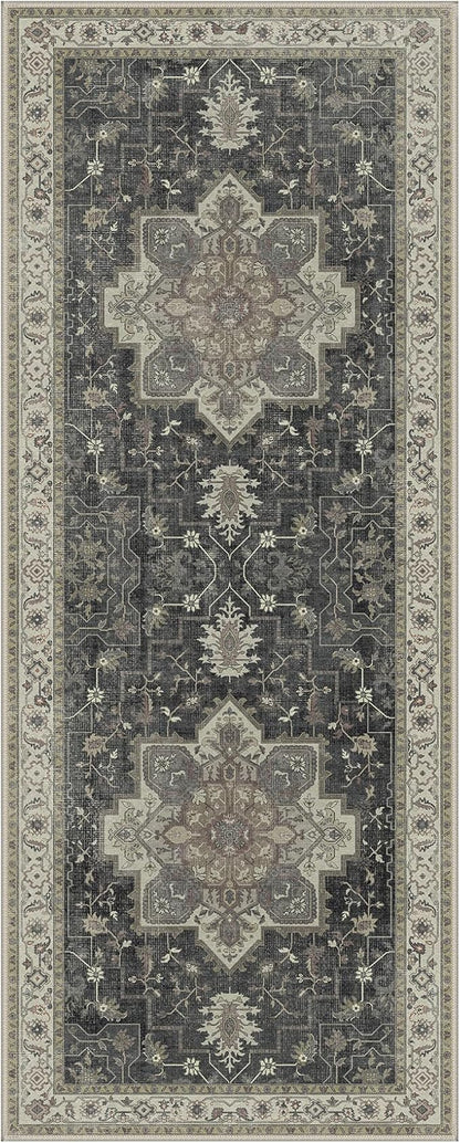 GENIMO 2x10 Runner Rugs for Hallway, Machine Washable Non Slip Vintage Rugs, Low Pile Lightweight Soft Print Rug for enrtyway, Corridor, Home, Office, Kitchen, Muted Charcoal Beige
