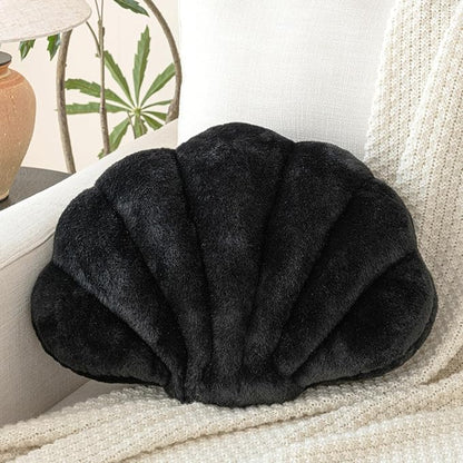 Shell Pillow, Seashell Throw Pillow with Soft Rabbit Plush for Couch Bed, Shell Shaped Decorative Ocean Pillow Stylish Beach Cushion Room Aesthetic Home Decor (Black, 18 X 13 Inches)