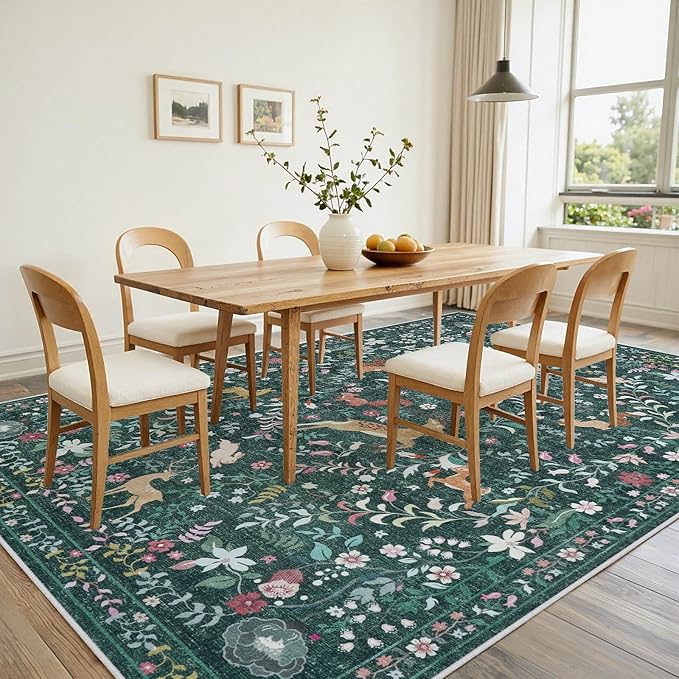 8x10 Area Rugs Washable Rug: Lagre Boho Living Room Rug Soft Non-Slip Thin Carpet Indoor Floor Non-Shedding Neutral Floral Carpets for Bedroom Dining Room Farmhouse Nursery Dark Green