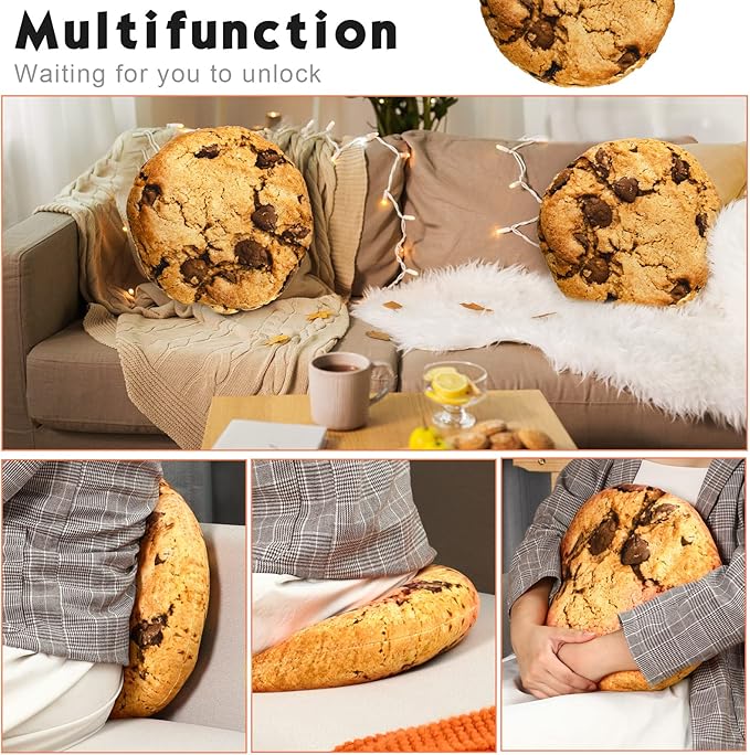 Unittype 2 Pcs 13.4" Chocolate Chip Cookie Pillows Round Throw Pillow Plush 3D Digital Print Funny Food Shaped Soft Stuffed Seat Pad Cushion for Bedroom Couch Sofa Chair Floor Decor Gifts