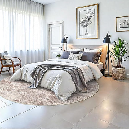 Washable Abstract 6ft Round Rugs - Circle Rug for Living Room Non Slip Indoor Carpet for Dining Table Bedroom Kitchen - Farmhouse Stain Resistant Throw Floor Mat for Home Decor (Brick-Beige 6ft)