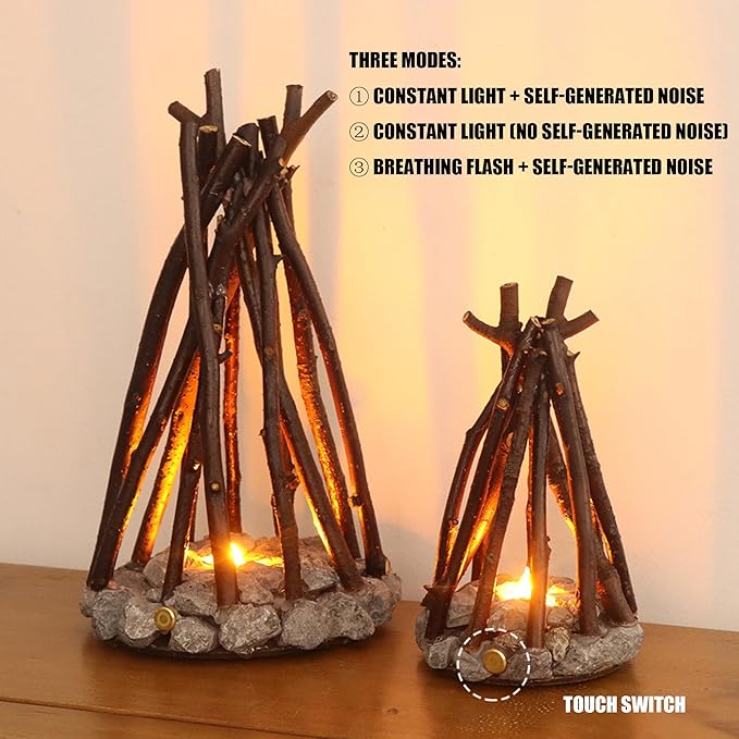 LED Campfire Light with Flame Sound - USB Rechargeable, 3 Modes, Realistic Flame & Stone Design, Creative Handcrafted Ambient Night Light for Holidays & Home Decor (M)