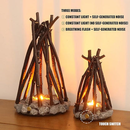 LED Campfire Light with Flame Sound - USB Rechargeable, 3 Modes, Realistic Flame & Stone Design, Creative Handcrafted Ambient Night Light for Holidays & Home Decor (L)