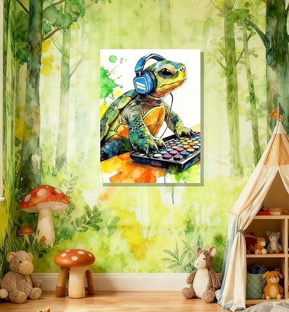 Graffiti DJ Sea Turtle Canvas Wall Art Modern Funny Print 16x24 inch Green Tortoise with Headphones Teen Boy Gaming Room Cool Framed Animal Decor Kids Bedroom Gift Decor Men Office Home Poster