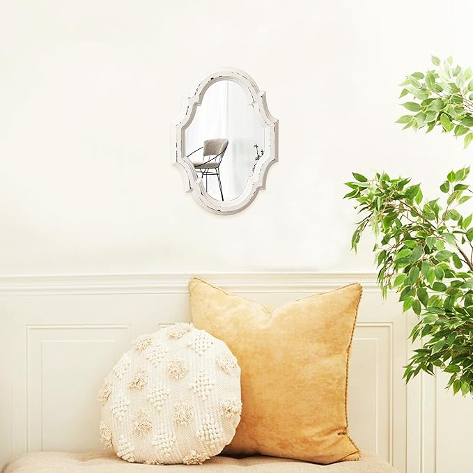 Small Vintage Oval Mirrors for Wall Decor 11 inch, Hanging Farmhouse Wood Entryway Mirror, Distressed White Rustic Scalloped Mirror, Ornate Accent Sculpted Mirrors for Living Room