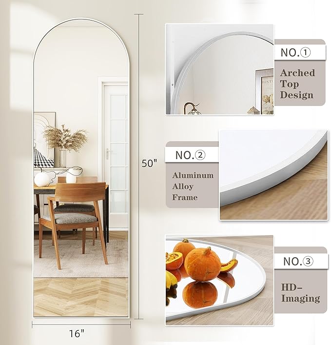 Dewfig Door Mirror with Stand, Arched Full Length Mirrors Over The Door, 16"x 50" Hanging or Wall Mirror, Full Body Mirrors for Bedroom,Living Room,White