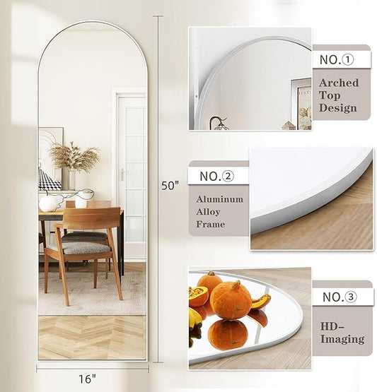 Dewfig Door Mirror with Stand, Arched Full Length Mirrors Over The Door, 16"x 50" Hanging or Wall Mirror, Full Body Mirrors for Bedroom,Living Room,White