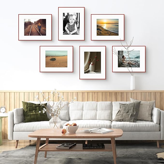 Golden State Art 16x20 Picture Frame 6 Pack - Dark Red Aluminum Photo Frames With 11x14 Mats and Real Glass Cover - Elegant Minimalist Wall Gallery Frames for Home or Office Decor