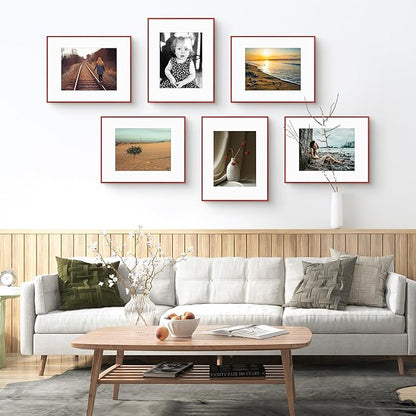 Golden State Art 16x20 Picture Frame 6 Pack - Dark Red Aluminum Photo Frames With 11x14 Mats and Real Glass Cover - Elegant Minimalist Wall Gallery Frames for Home or Office Decor