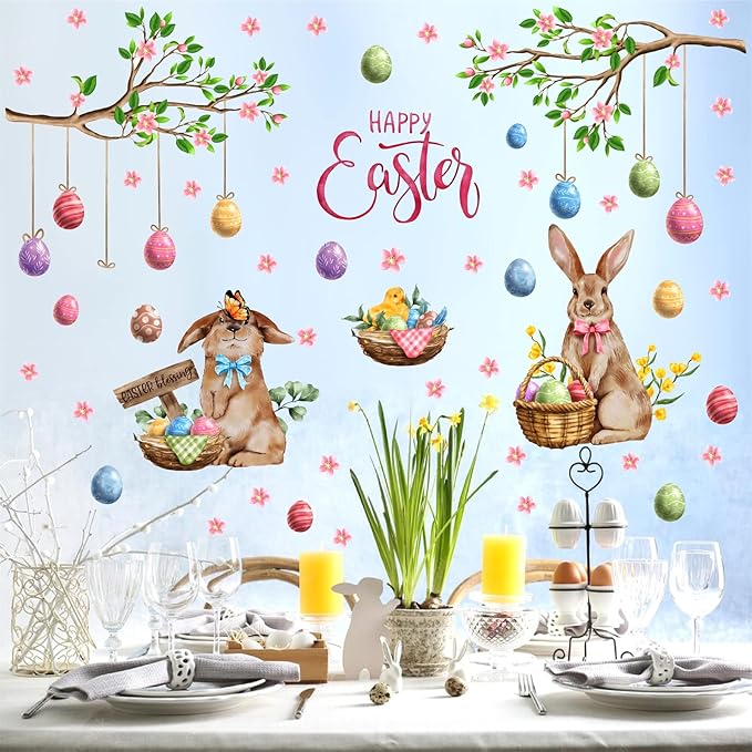 Happy Easter Wall Stickers Bunny Decals for Wall Decroation Easter Eggs Tree Branch Wall Decal Peel and Stick Easters Window Decals Spring Rabbit Sticker for Living Room Bedroom Nusery Supplies