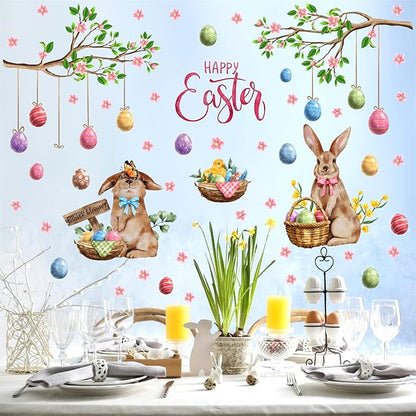 Happy Easter Wall Stickers Bunny Decals for Wall Decroation Easter Eggs Tree Branch Wall Decal Peel and Stick Easters Window Decals Spring Rabbit Sticker for Living Room Bedroom Nusery Supplies