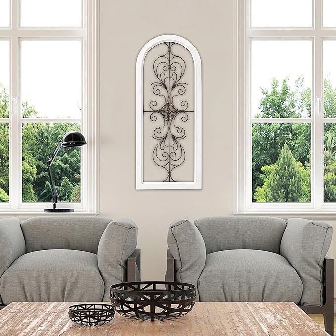 Sintosin Farmhouse White Wood and Metal Wall Decor 32 X 13 Inches, Handmade Distressed Gold and Black Wrought Iron Wall Decor Living Room Entryway, Hanging Metal Wall Art above Couch