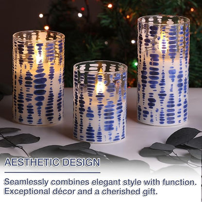Eywamage Blue Dots Flameless Candles in Glass Jars, Flickering Battery LED Pillar Candles with Remote Set of 3