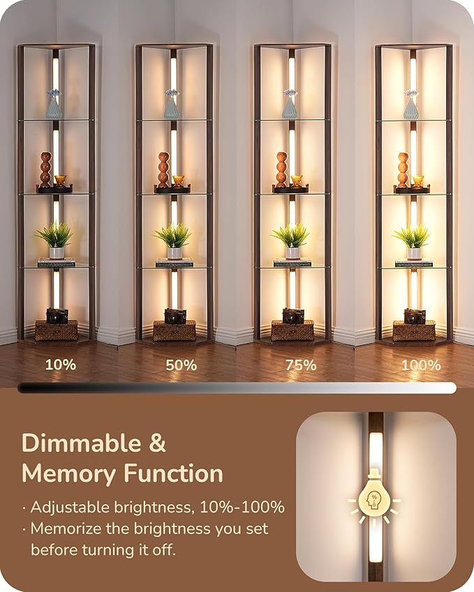 EDISHINE Floor Lamp with Shelves, 5-Tier Glass Display Shelf with Remote/Foot Control, 5CCT & Dimmable Corner Shelf Lamp, Open Display Cabinet, Floor Lamps for Living Room, Bedroom, Walnut Color