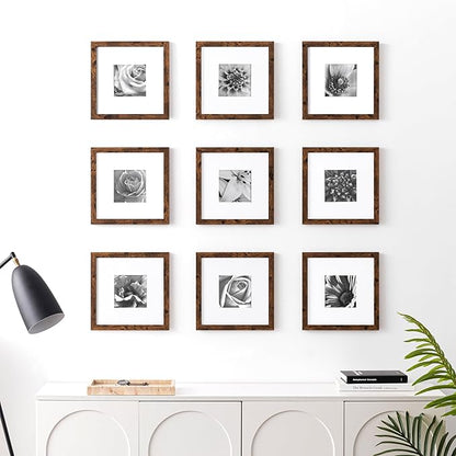 eletecpro 10x10 Picture Frames Set of 9 Classic Gallery Wall Frame Set Displays 5x5 Photo with Mat or 10x10 without Mat, Square Picture Frames Collage Wall Decor, Rustic Brown Modern Home Decor for