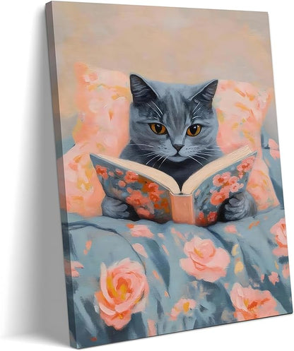 Framed Cat Reading Book Canvas Wall Art, Cute Gray Kitten Painting Print, Funny Animal Lovers Picture Wall Decor for Bedroom Living Room Kids Room Girls Room Home Decor 16x24 Inch
