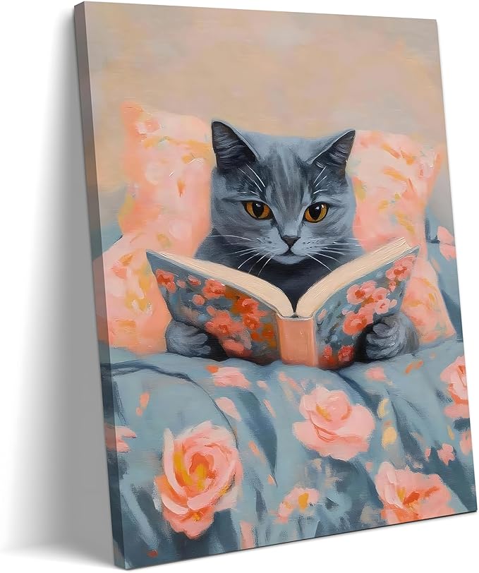 Framed Cat Reading Book Canvas Wall Art, Cute Gray Kitten Painting Print, Funny Animal Lovers Picture Wall Decor for Bedroom Living Room Kids Room Girls Room Home Decor 12x16 Inch