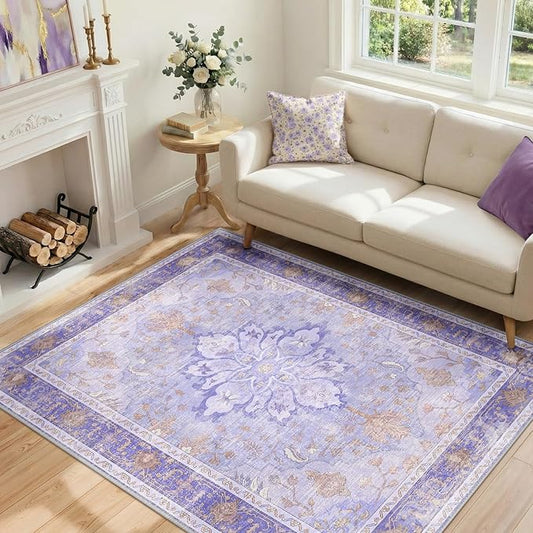RELEANY Area Rugs 4'x6' Washable Non-Slip, Floral Vintage Distress Print Pattern Medallion Carpet for Living Room Bedroom Dining Room, Light Purple Brown
