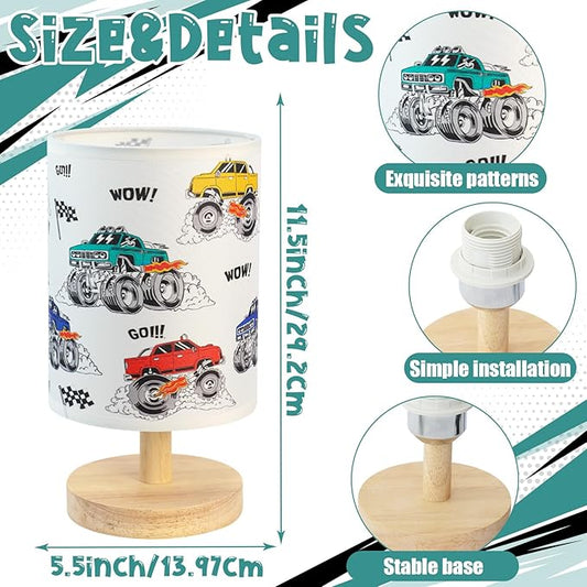 Construction Truck Table Lamp for Kids Bedside Lamp with Linen Wooden Nightstand Cartoon Nursery Lampshade for Bedroom Desk Birthday