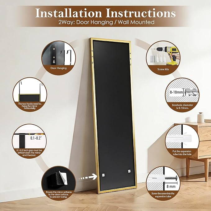 NARCISSUS 47x14 Mirror Door Hanging Full Length,Over Door or Wall Mounted Aluminum Alloy Frame Tempered Glass Rectangle Full Body Mirrors for Bedroom Dressing Living Room Bathroom 47 inch Gold