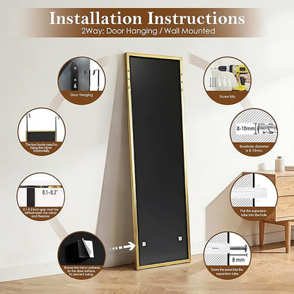 NARCISSUS 47x14 Mirror Door Hanging Full Length,Over Door or Wall Mounted Aluminum Alloy Frame Tempered Glass Rectangle Full Body Mirrors for Bedroom Dressing Living Room Bathroom 47 inch Gold