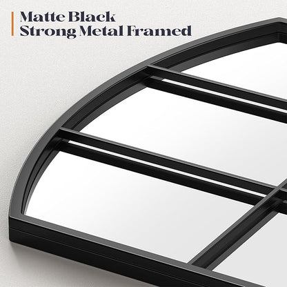 Window Pane Black Mirror, 36" x 36" Farmhouse Arched Wall Mirror, Large Arch Grid Mirror for Living Room Bedroom Farmhouse Fireplace Hallway Entryway