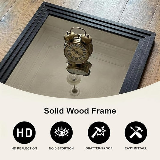 Wood Framed Mirrors for Wall, Black Bathroom Vanity Mirror for Over Sink 26 x 38, Vintage Wall Mirror for Bathroom Sink Hallway Entryway Bedroom Living Room Farmhouse Boho Style