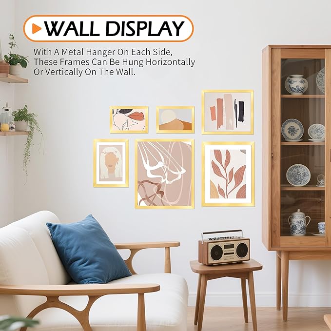 5x7 Picture Frames 8 Pack, Gold Frames for Wall or Tabletop Display, Photo Frame Collage with HD Plexiglass for Home Office Wall Decor, Display Pictures 4x6 with Mat or 5x7 Without Mat