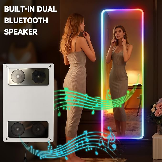 Hasipu 47"x16" LED RGB Door Mirror Full Length with Bluetooth Speaker, Full Body Wall Mirror with Lights, Door Hanging & Wall Mounted Mirror for Bedroom, Living Room, Cloakroom
