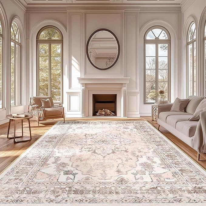 BESTSWEETIE 9x12 Area Rug Washable Rugs for Living Room, No Pile Boho Carpet for Entryway Bedroom Dinning Room, Vintage Carpet Print Distressed Non-Slip, 9 x 12 ft, Pink Beige Grey