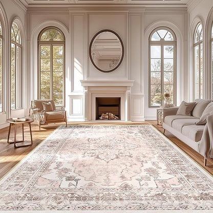 BESTSWEETIE 9x12 Area Rug Washable Rugs for Living Room, No Pile Boho Carpet for Entryway Bedroom Dinning Room, Vintage Carpet Print Distressed Non-Slip, 9 x 12 ft, Pink Beige Grey