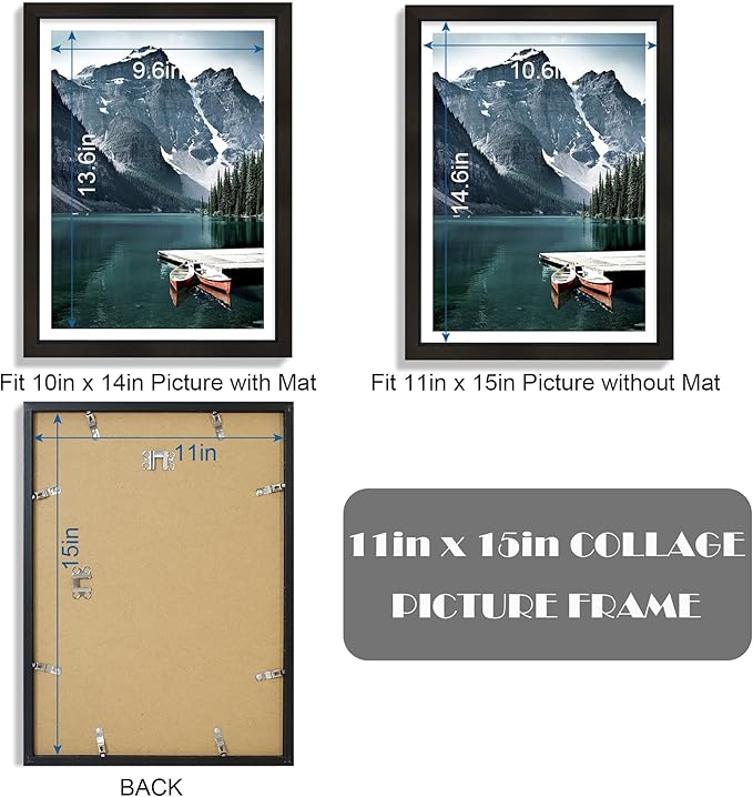 Hongkee 11x15 Picture Frame with Real Glass - Display Pictures 10x14 with Mat or 11 x 15 without Mat, Wall Collage Photo Frame set(Black, 3 Pack)