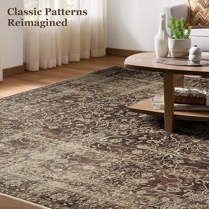 Dark Brown Large Area Rugs 9x12 Living Room, Aesthetic Distressed Big Rugs for Bedroom, Washable Non Slip Low Pile Carpet Rugs for Dining Table Family Room, Vintage Earth Tone Coffee Brown